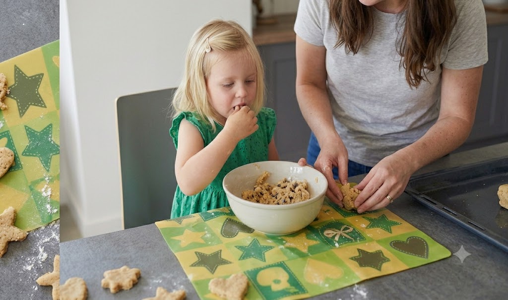 Mom setting cookies, daughter tasting dough