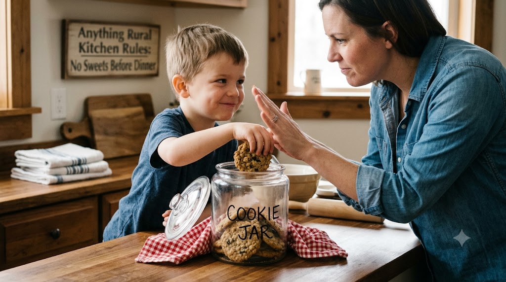 Mom playfully slapping hand child dipping hand into cookie jar