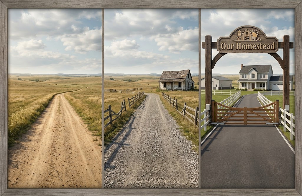 Rural property choices. A 3-panel banner image showing the progression of a rural property from an undeveloped dirt road to an improved gravel road with an old farmhouse, and finally to a fully developed homestead with an asphalt driveway, modern house, workshop, and an entry archway reading "Our Homestead"